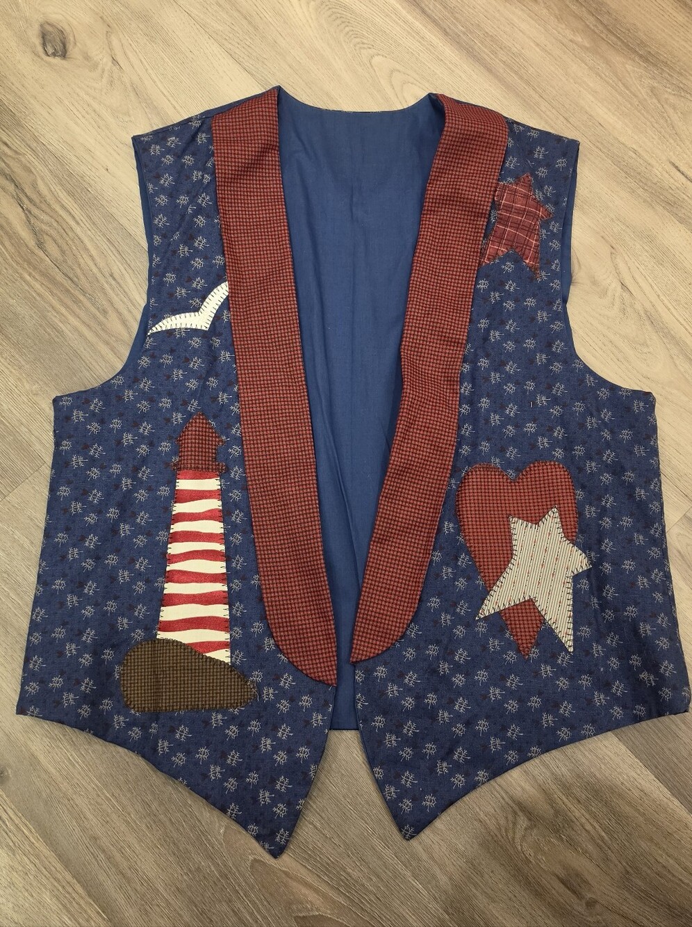 Vtg Handmade Patriotic Quilted Vest L Lighthouse Star Heart Nautical 4th July